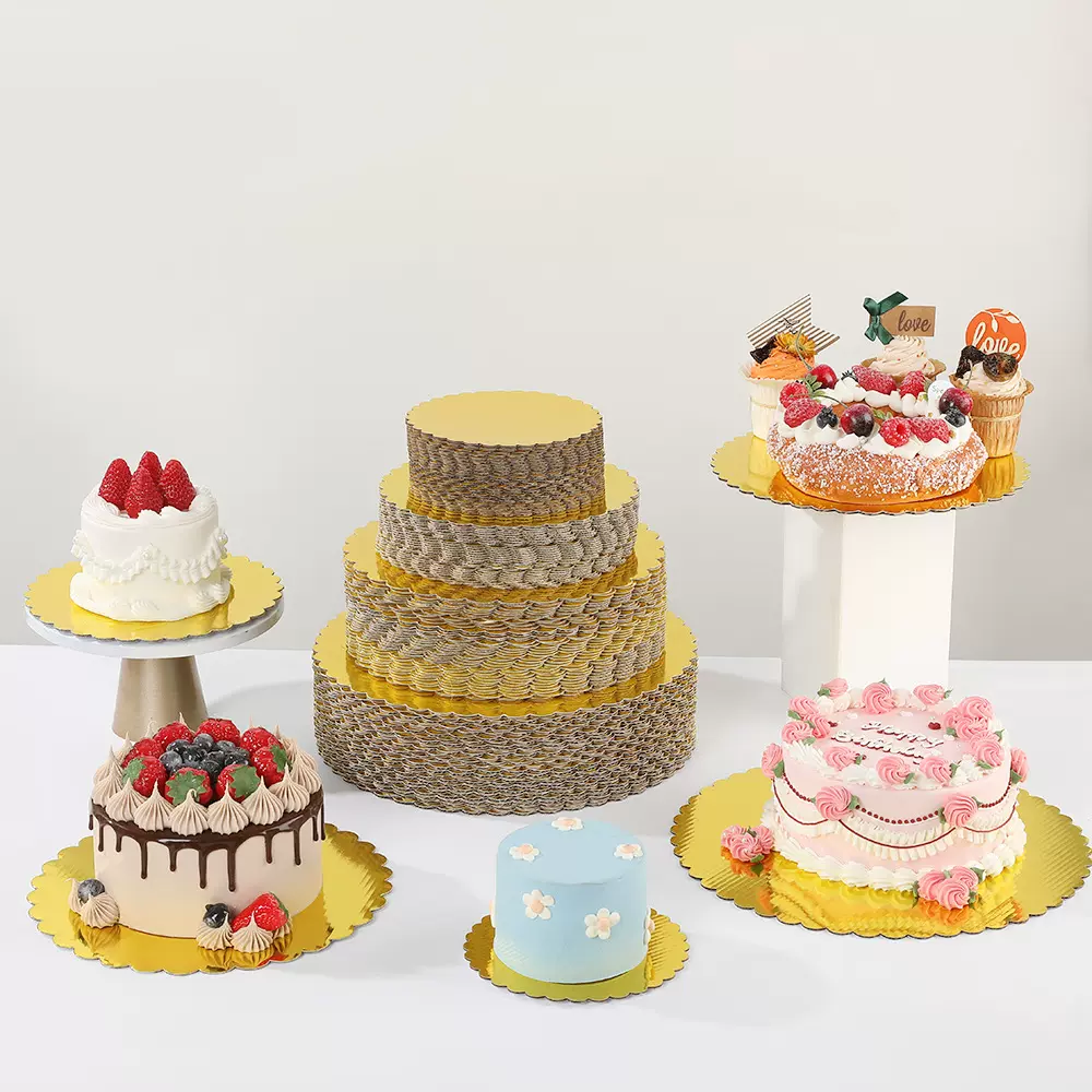 亚马逊2mm厚花边底托烘焙包装托盘瓦楞纸生日蛋糕西点金色蛋糕板