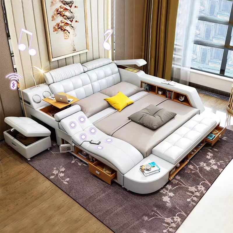 Modern Minimalist Master Bedroom Bed with Dual Leather Art, Multifunctional Massage Tatami Bed, Direct Manufacturer Supply Bedroom Furniture