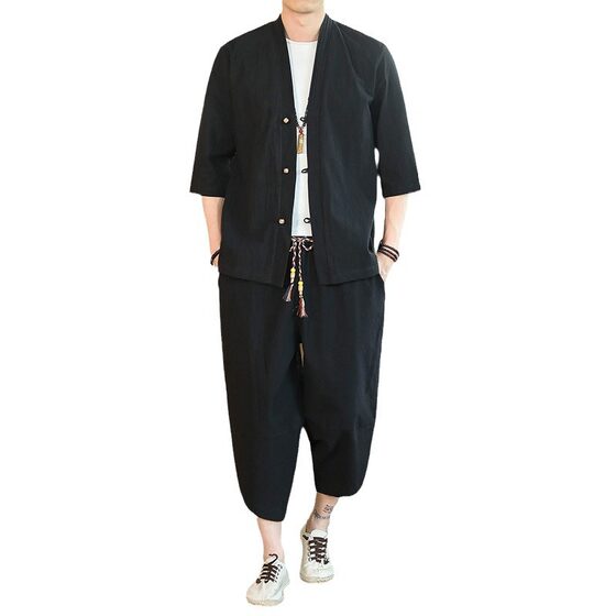 Summer New Chinese Style Linen Short-sleeved Jacket Large Size Tang Suit Hanfu Seven-sleeved Shirt Cotton and Linen Two-piece Set for Men