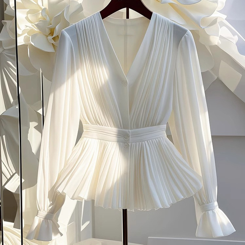 Women's Clothing autumn French temperament V neck long sleeved top light luxury high end white shirt female_voghion.com