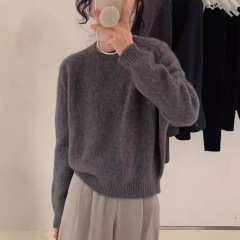秋冬日系厚手通勤ゆったり型丸襟プルオーバー100ウールセーター肩袖ニット女性