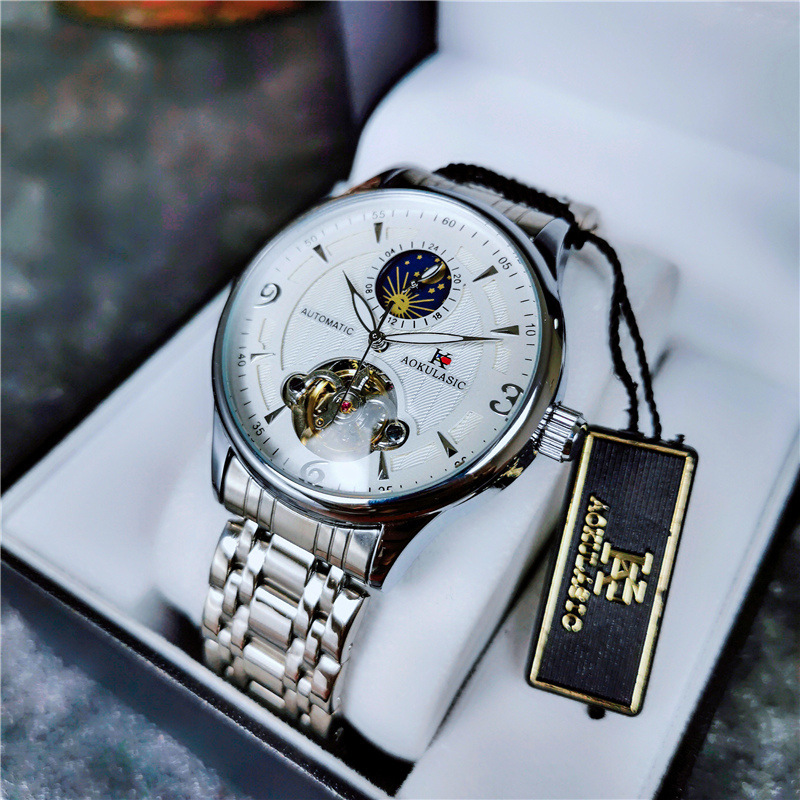 AOKULASIC hueco-hacia fuera transparente inferior luminoso Tourbillon reloj mecánico automático moda reloj de los hombres de moda 1922