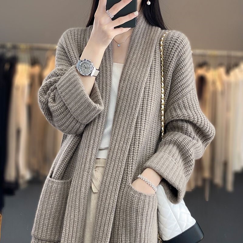 K-style Autumn and Winter Lazy Style Thick Thread Large Size Sweater Cardigan Elegant Mid-length Loose Knitted Thickeneded Outwear for Women Trendy
