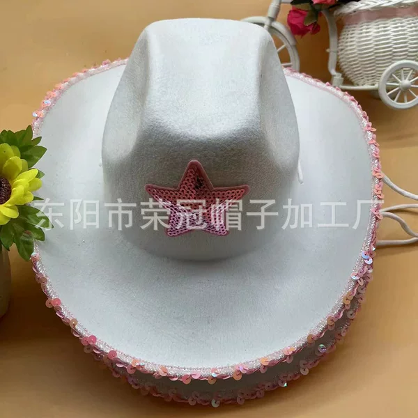 Factory Direct Sales White Pink Five-Pointed Star Cowboy Hat Pink Sequin Edge Party Dance Performance White Cowboy Hat
