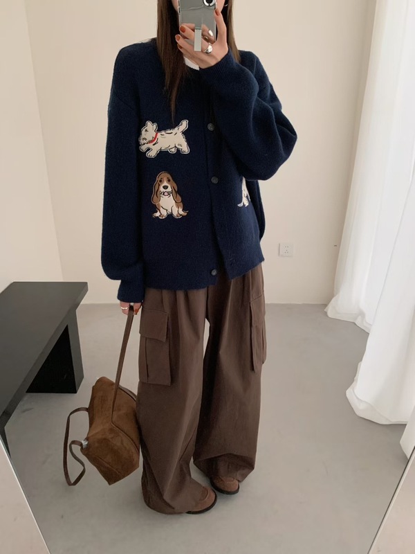 重工卡通小狗贴布刺绣针织开衫女2025秋冬新款韩系休闲针织外套厚|undefined