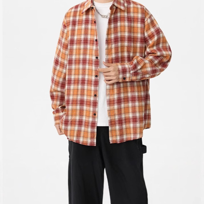 Long-Sleeve Shirt Casual Men's Spring and Autumn American Style Trendy Casual Fashion Versatile Loose Plaid Shirt Jacket Trendy