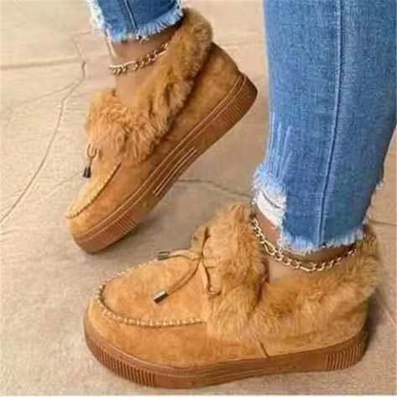 Зимние сапоги женские 2022 Зимняя обувь с круглым носком и толстой подошвой на флисовой подкладке, Толстая теплая хлопчатобумажная обувь, женская швейная обувь, зимние сапоги, обувь с бобами