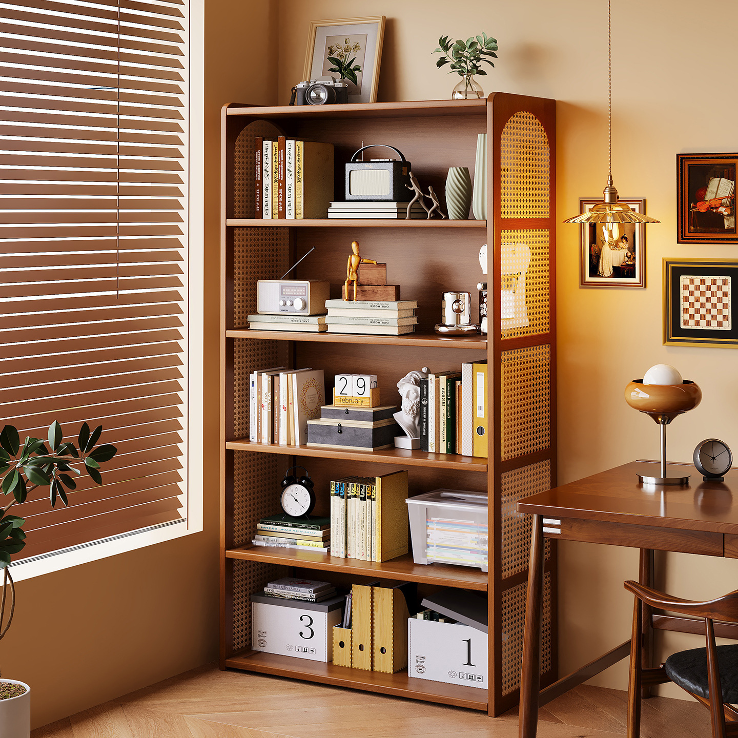 Estantería de ratán, estante de piso a techo, una pieza contra la pared, sala de estar, almacenamiento doméstico, armario de almacenamiento de libros, estantería simple de varios pisos