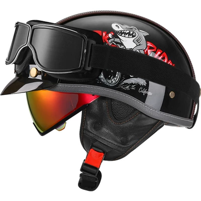 3C Certified Retro Motorcycle Helmet Leather, Motosiklet kaskı (dəbilqə) - bright-black-shark-bully-aurora-red-mirror-square-retro-mirror-m
