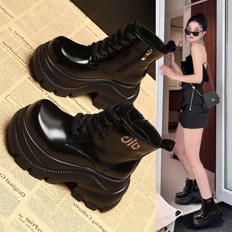 Boot nữ cổ cao đế dày platform 9cm, phong cách martin — màu đen