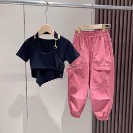 女童时髦挂脖T恤工装裤套装2023春夏新款中大童夏装炸街长裤子潮
