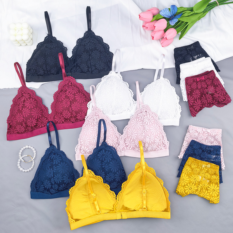 Bra de estilo francés conjunto de encaje femenino se reúne de alta calidad sin anillo de acero hermosa espalda delgada ropa interior de tamaño grande transfronteriza