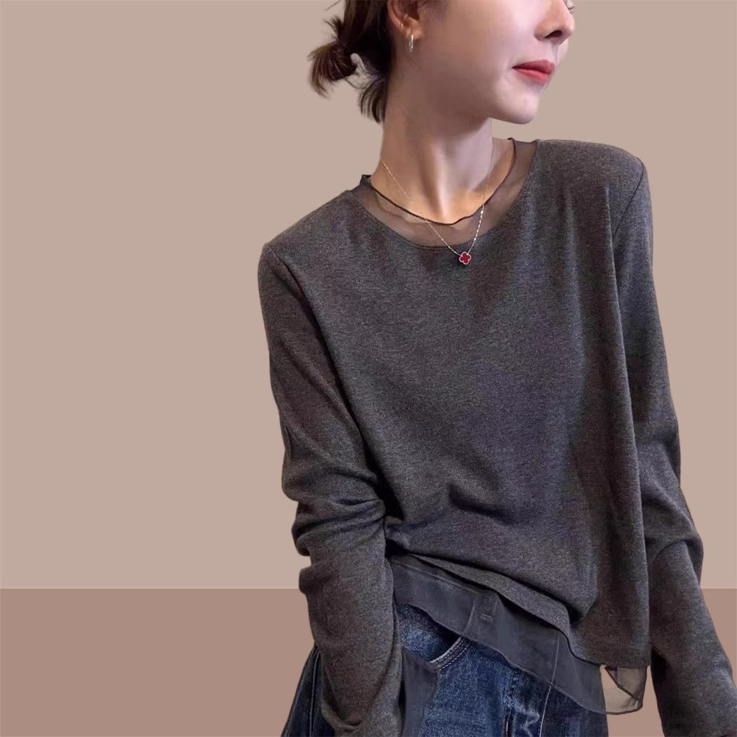 Mesh Lace Round Neck Elastic Slim T-Shirt Women's Autumn and Winter New Korean Style Retro Simple Bottoming Shirt Top A9420