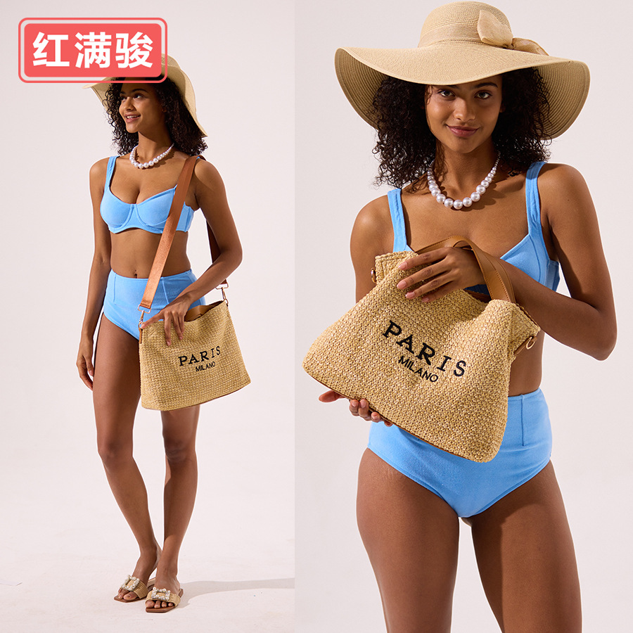 Bolso de paja francés bolso de playa de vacaciones junto al mar bolso de playa bordado con letras femeninas bolso tote de gran capacidad bolso de verano bolso de hombro único