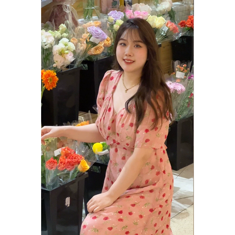 Женское летнее платье принцессы с коротким рукавом и цветочным рисунком с французской солью больших размеров, милое шифоновое платье для похудения с высокой талией