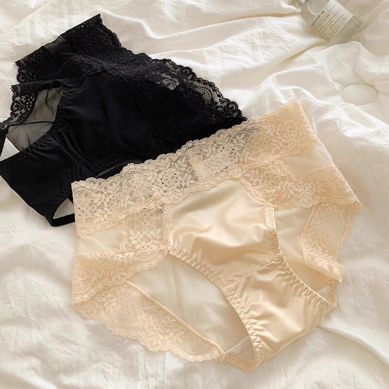 French Style Light Luxury Sexy Satin Lace Gauze Underwear Women's Breathable Crotch Mid-Waist Girls' Hip Triangle Shorts