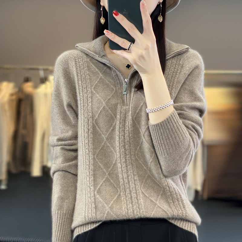 Lapel sweater women's autumn and winter twisted half zipper cashmere sweater loose all-match warm bottoming shirt top