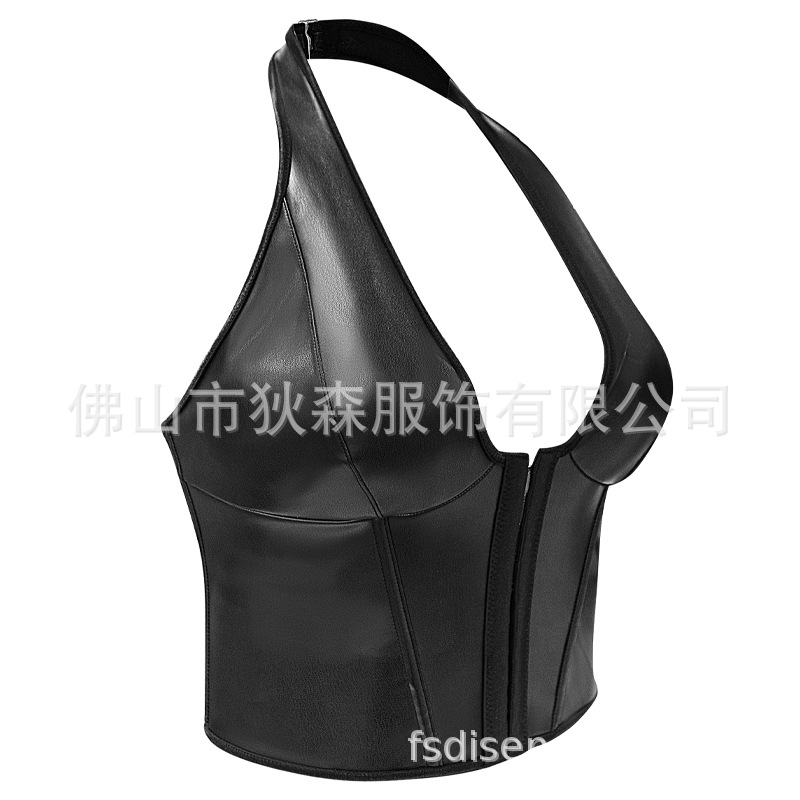 Nuevo estilo top moldeador de cuerpo color sólido corsé de hueso de pescado moda mujer sexy gancho de cuello de piel de pu y chaleco con hebilla