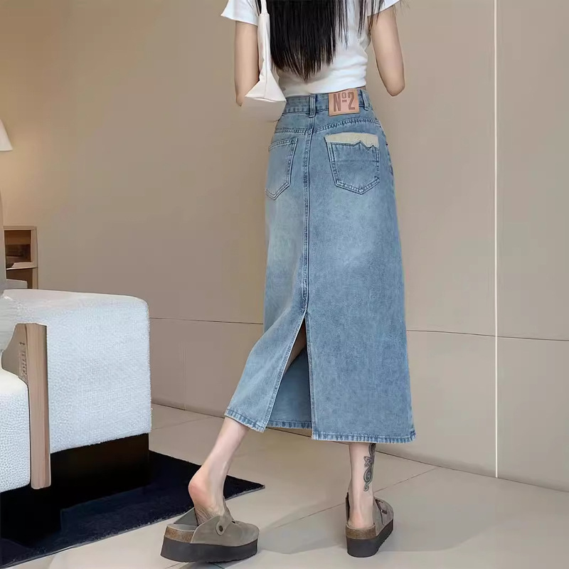 2025 New Summer High-Waisted A-Line Denim Skirt for Women Plus Size Fat mm Slimming Look Mid-Length Slit Hip-Covering Skirt