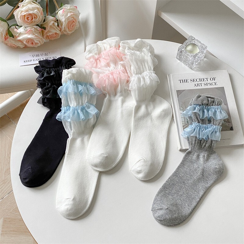 Women's Spring and Summer Thin Breathable Korean-Style Sweet Girl Ruched Bubble Japanese Jk Style Mid-Tube Socks with Lace Trim