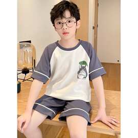 母婴男童睡衣儿童夏季薄款短袖套装中大童12岁男孩洋棉绸