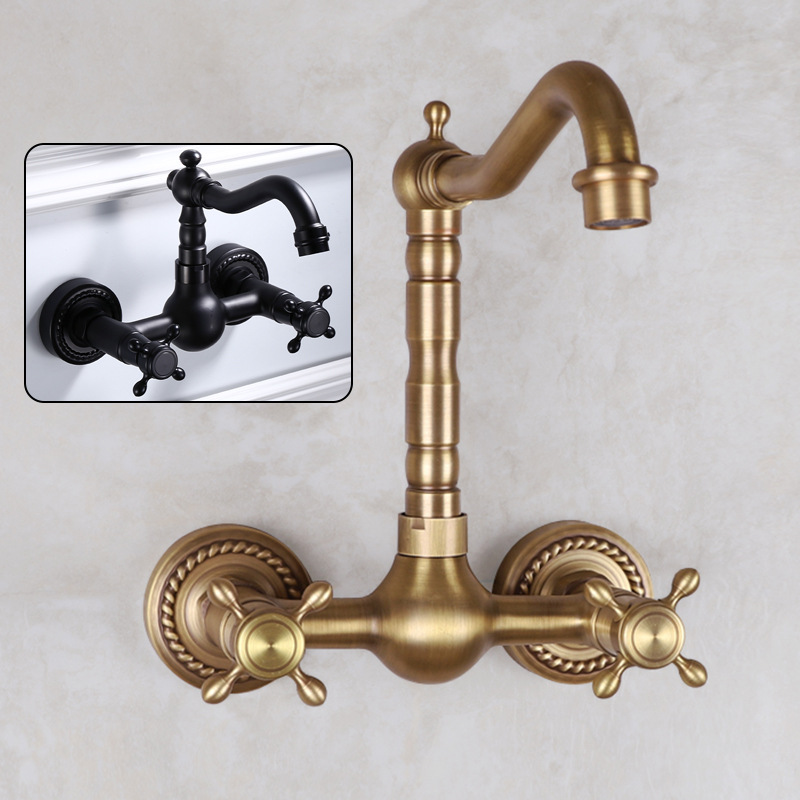 Copper Black bathtub hot and cold faucet bathroom double hand wheel Wall balcony 360 rotating faucet