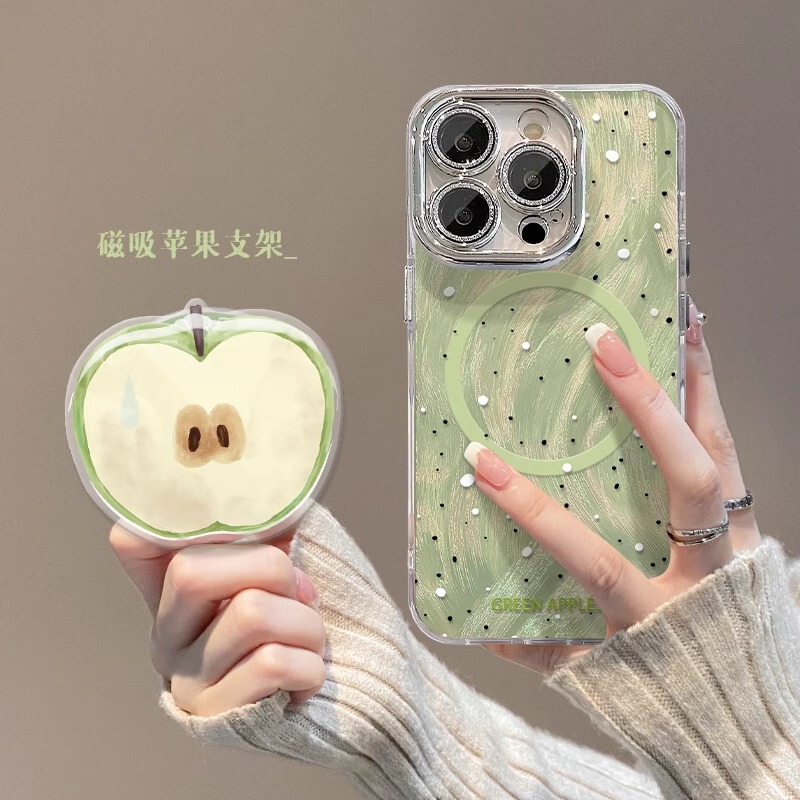 Splash-Ink Green Apple Magnetic Stand Suitable for Apple 16 Phone Case 14Pro Feather Gauze Lens Film 17 Advanced Anti-Drop X