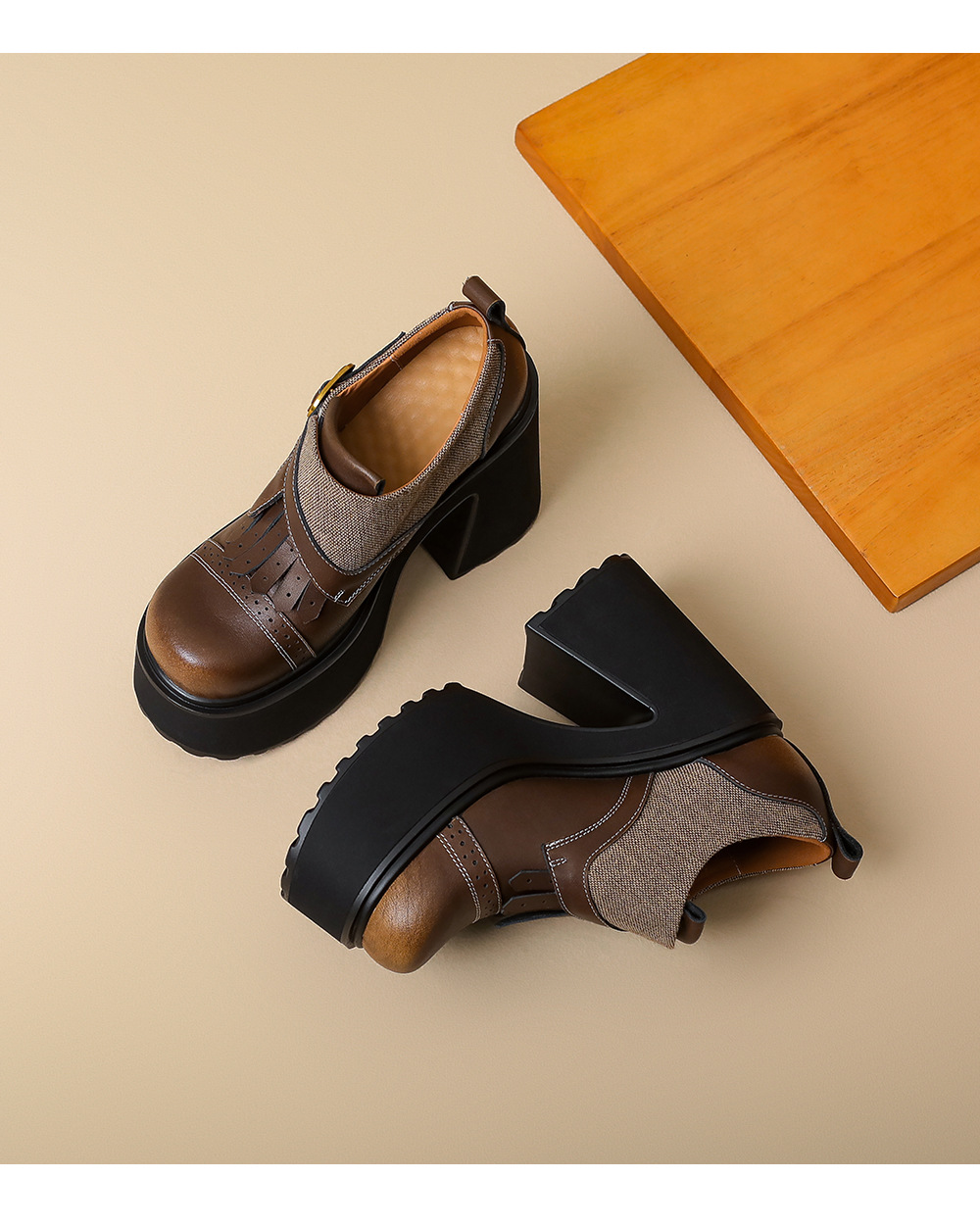 Giày cao gót nữ phong cách Anh quốc cổ điển, gót vuông siêu cao 12 cm, da bò phối màu, mũi nhọn — màu nâu chi tiết 12