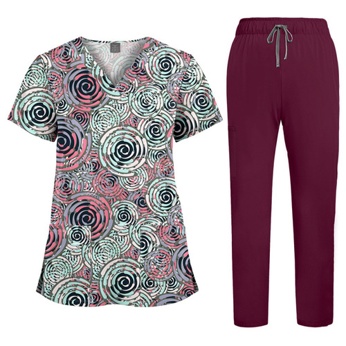AliExpress Amazon V-neck cartoon printed work clothes, nursing clothes, professional suits, solid color straight pants