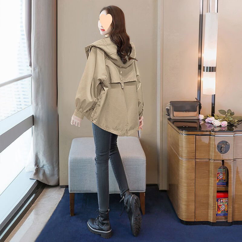 2025年春秋季新款女士连帽冷淡风韩版长袖宽松风衣外套潮流|undefined