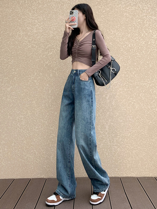 牛仔裤女秋款小个子高腰显瘦垂感直筒宽松阔腿拖地裤|undefined