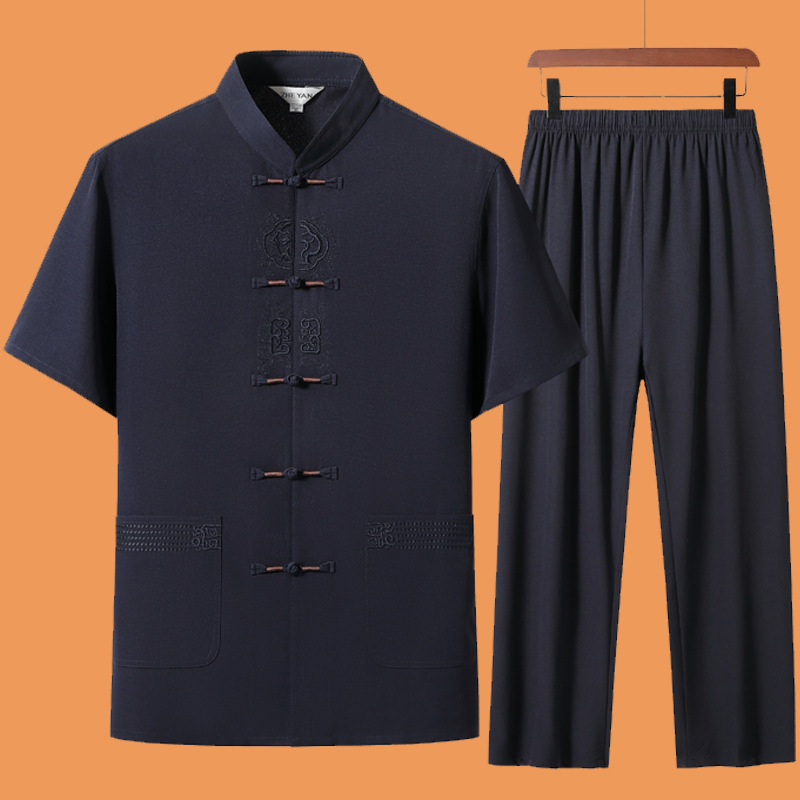 Middle-aged and Elderly Men's Ice Silk Tang Suit Summer Dad Short-sleeved suit New Chinese Hanfu Grandpa Casual Sports Clothes Middle-aged and Elderly Men's Ice Silk Tang Suit Summer Dad Short-sleeved suit New Chinese Hanfu Grandpa Casual Sports Clothes