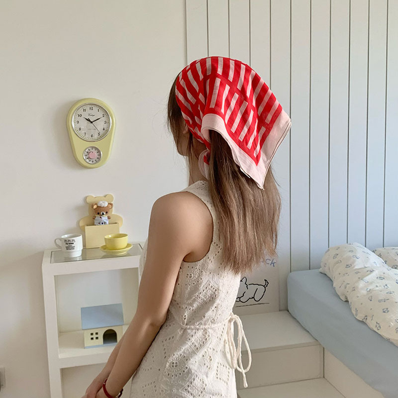 Bufanda de seda, bufanda cuadrada pequeña, nuevo protector de cuello a rayas, bufanda pequeña, bufanda de bosque literario, diadema pastoral femenina de verano, accesorios para el cabello