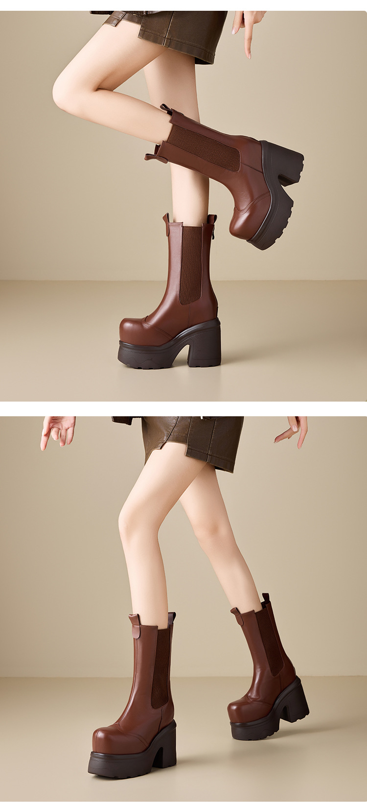 Boot nữ da thật cổ cao ôm bắp chân, đế dày tăng chiều cao, phong cách Anh Quốc — nhung nâu chi tiết 3