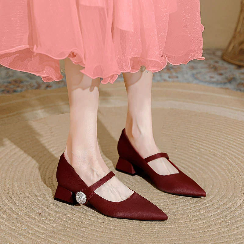 Туфли на высоком каблуке с заостренным носком, не утомляющие ноги, новые весенние красные свадебные туфли 2025 года с волшебными ремешками на пряжках, туфли Мэри Джейн на массивном каблуке.