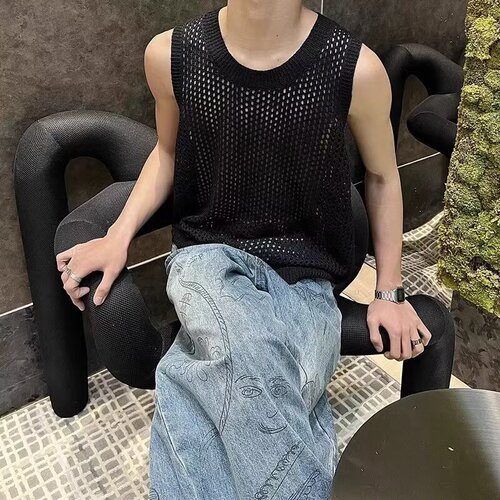 Unlined open-front vest with sleeveless design, high-end men's niche fashion, base layer casual summer knit short sleeve.