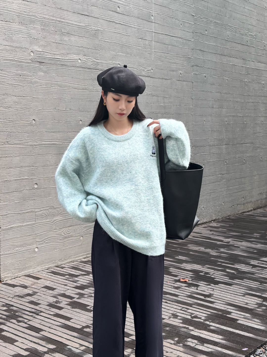 24 invierno Puyuan cuello redondo suéter rosa mujer otoño invierno bordado conejo camisa de punto viento lento