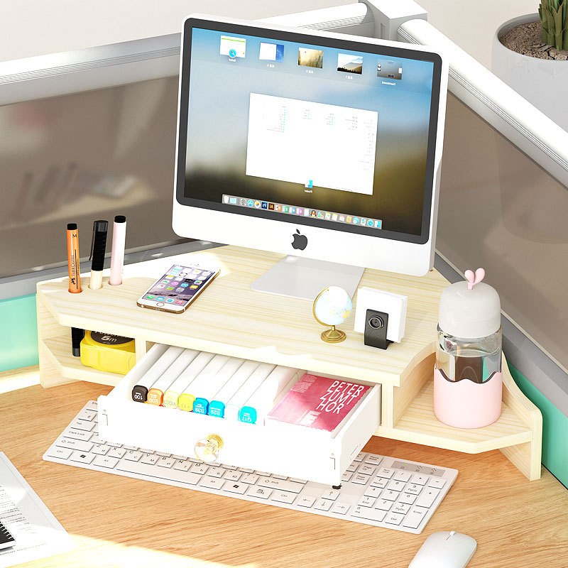 Computer Screen Heightening Stand, Triangular Corner Neck Protection Desktop Monitor Office Desk Storage Rack with Gold Accents
