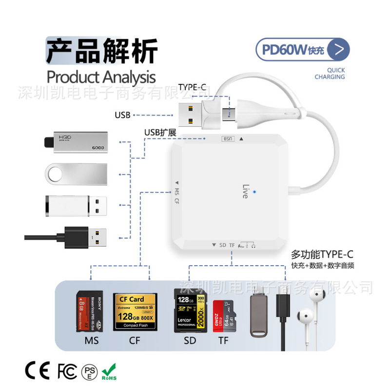 Suitable for Iphone15/16/Ipad Pro Notebook Docking Station to Read Sd/Tf/Ms/Cf/U Disk Card Reader