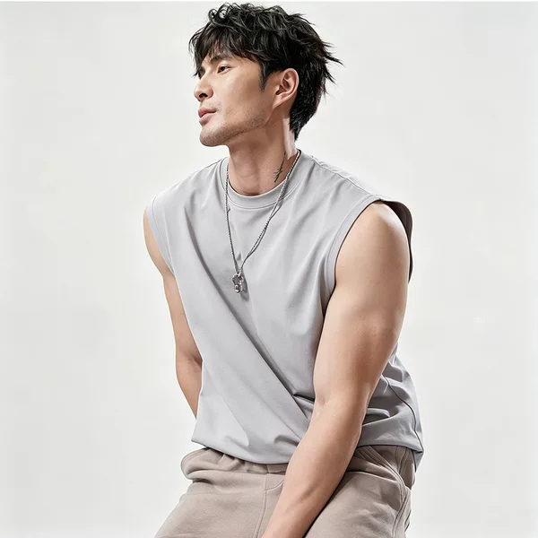 Polyester-spandex blend, new summer style, plus-size, cooling and quick-drying sleeveless vest, solid color, men's athletic top