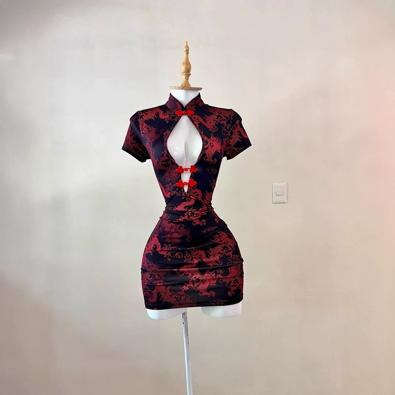 New Chinese-Style Dress with a Slim Waist, Short Bodycon Skirt, Hollow-Out Design, Sexy Short Skirt in New Chinese Style