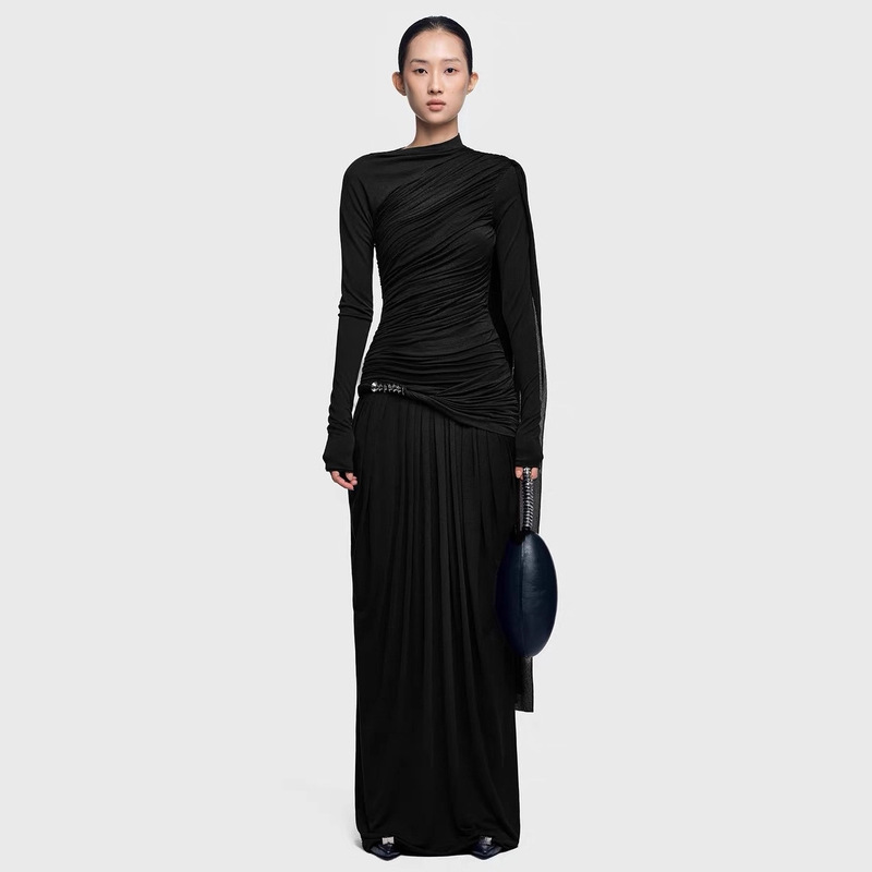Ready-Made Designer Knit Ribbon Pleated Dress Cross-Border Brown Elegant Socialite Style Elastic Waist Stretch Dress