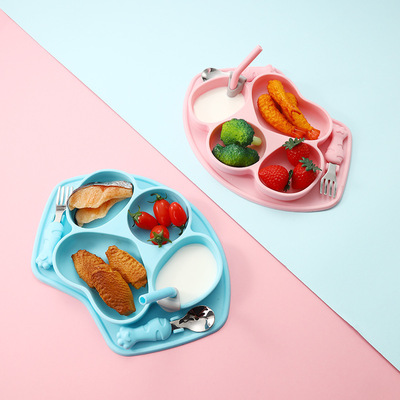 儿童硅胶餐盘猫爪304不锈钢叉勺餐具套装婴儿宝宝辅食分四格餐盘|ms