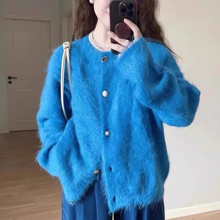 外搭蓝色仿貂绒毛衣外套女2025秋冬新款慵懒风软糯针织开衫上衣女|undefined