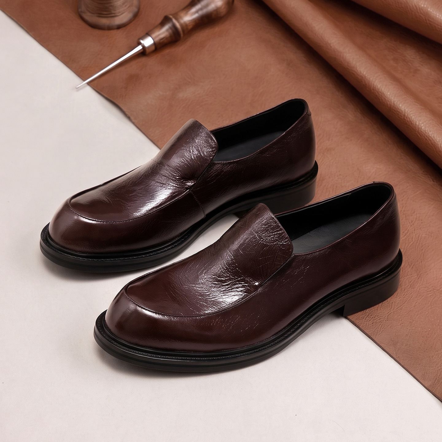 Men's Horsehide Leather Shoes, Business Casual Men's Leather Shoes, Breathable Commuting Genuine Leather Height-Increasing Loafers, Slip-On Handmade Wedding Shoes