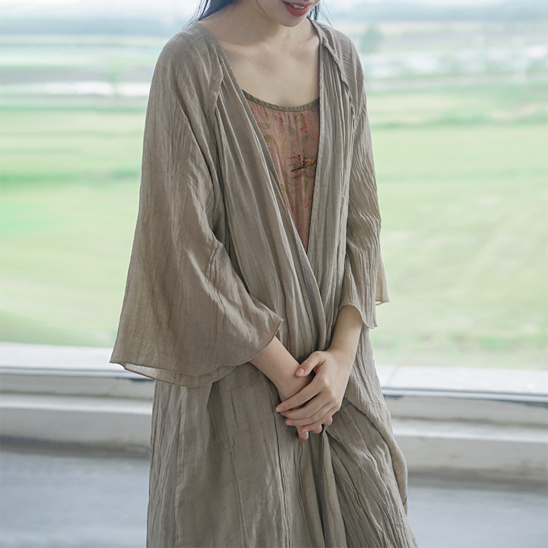 Original Retro National Fashion Crumple Ramie Wide Sleeve Long Cardigan Light Chinese All-match Shawl Elegant Shirt S22192