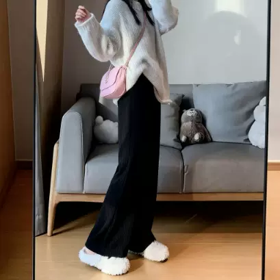 羊羔绒甜美秋冬款直筒款加绒加厚高腰显瘦慵懒风阔腿裤女麦穗裤子