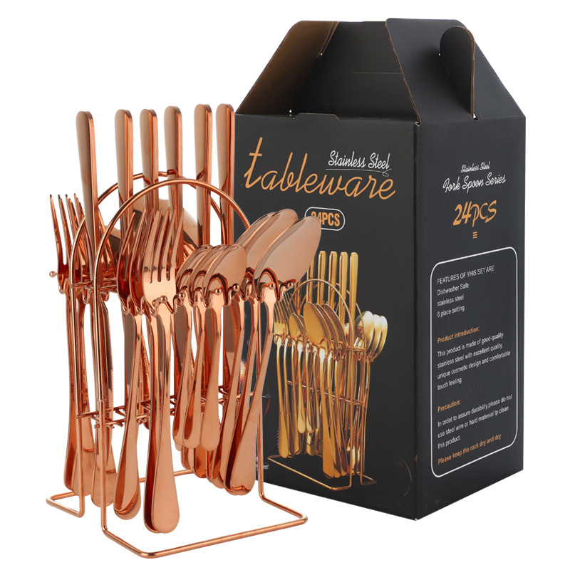 Amazon transfronteriza 1010 vajilla de acero inoxidable conjunto de 24 piezas cuchillo de carne occidental, tenedor y cuchara conjunto completo rack caja de regalo traje
