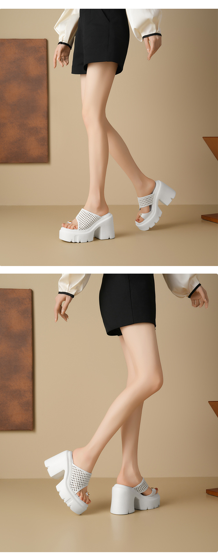 Dép sandal cao gót nữ quai ngang đan gót thô 12 cm đế tăng chiều cao — Màu đen, Màu vàng nhạt, Màu trắng, Màu bạc chi tiết 8