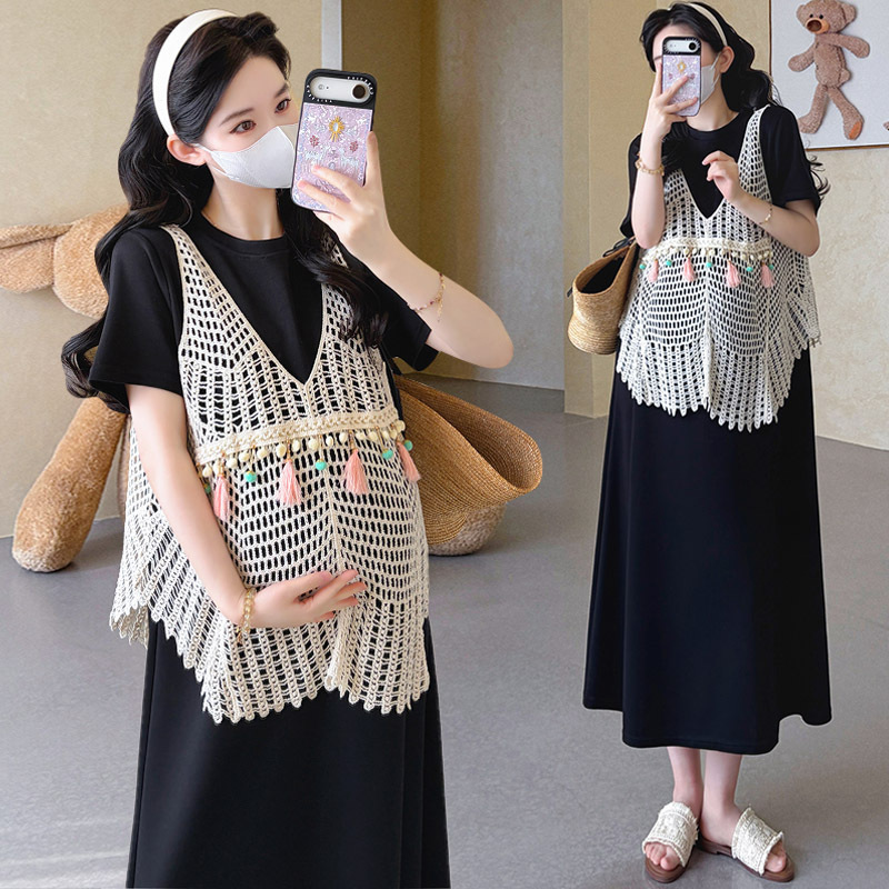Maternity dress summer hollow-out tassel vest set, versatile layered mid-length maternity dress two-piece set with T-shirt Maternity dress summer hollow-out tassel vest set, versatile layered mid-length maternity dress two-piece set with T-shirt